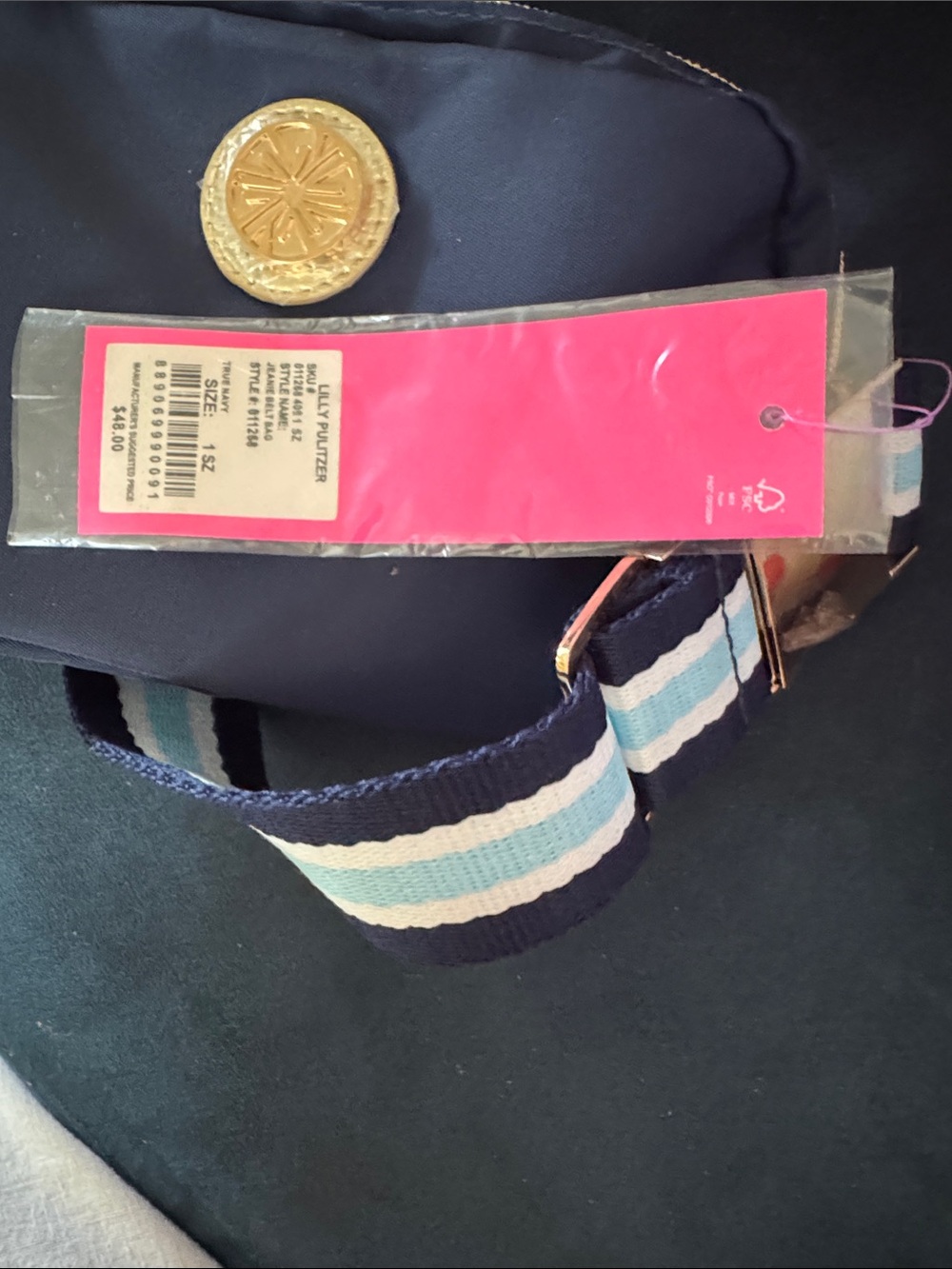 Lilly Pulitzer Navy Crossbody with Blue-White Striped Strap and Gold Medallion - Picture 5 of 7